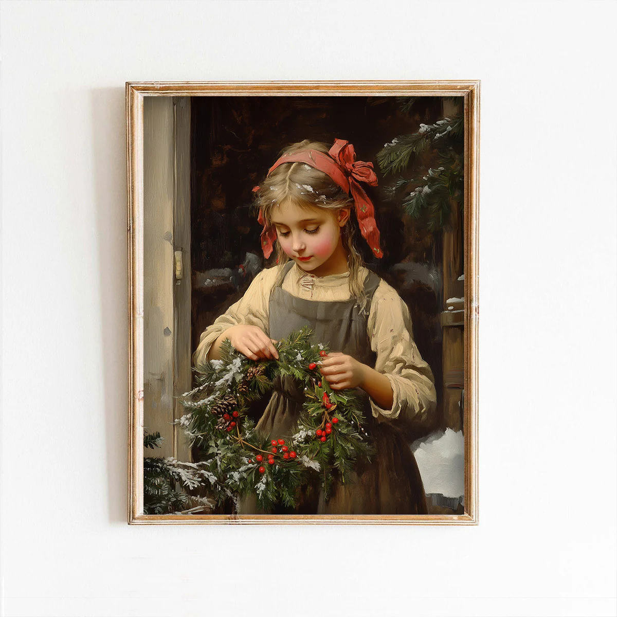 Young Girl Making Winter Wreath Art Print